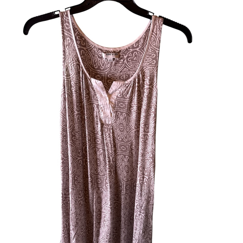 Anne Klein Dress Sz S Maxi High Low Cream Brown Patterned Sleeveless VNeck - Picture 3 of 4